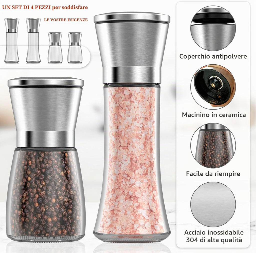 DEPAR Set of 4 Salt and Pepper Mills - High Quality Stainless Steel - High Quality Glass Container - Adjustable Ceramic Salt Grinding Mechanism