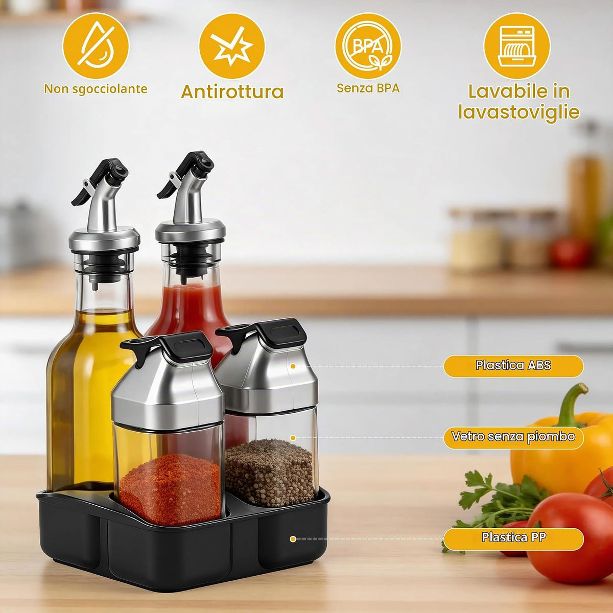 5 Piece Set of Oil Vinegar Salt Pepper, Glass Without Lead