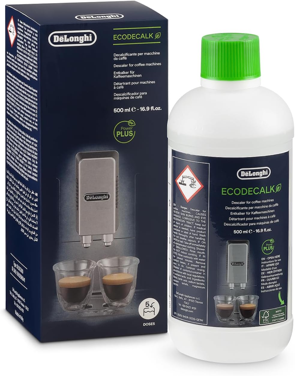 De'Longhi EcoDecalk Decalcificante DLSC500, 5 Dosi di Decalcificazione, Accessorio Manutenzione Macchina da Caffè, Ingredienti di Origine Vegetale, Bottiglia Con 5 Dosi, 500ml