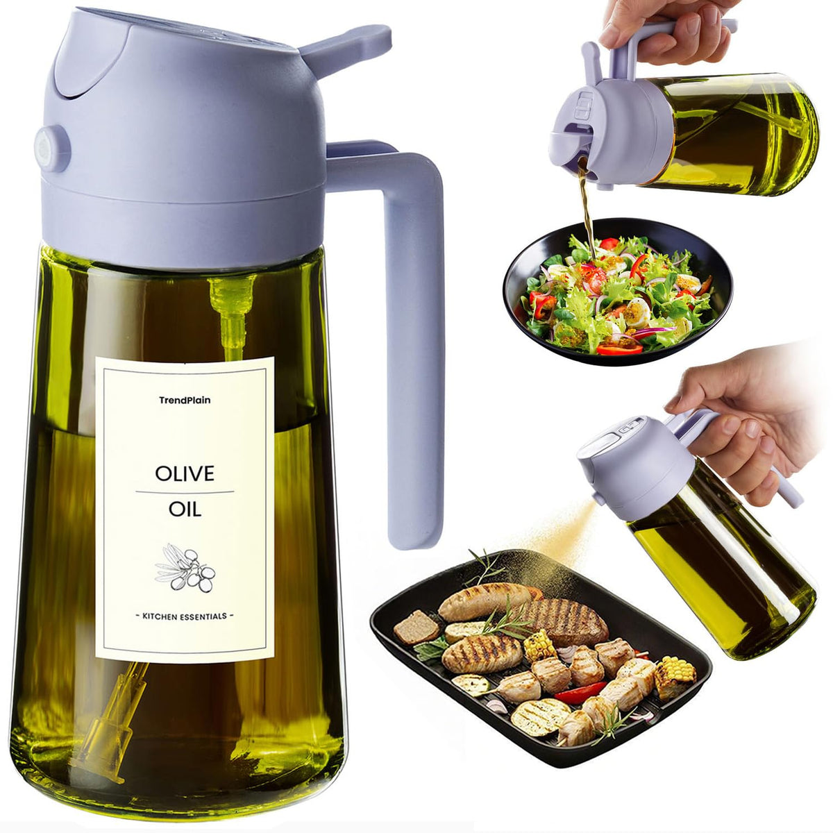 TrendPlain Spruzzino Olio per Friggitrice Aria 470ml, Dosatore Olio 2 in 1, Oliera Spray per Cucina, Insalata e Aceto, Accessori Cucina senza BPA (Nero)