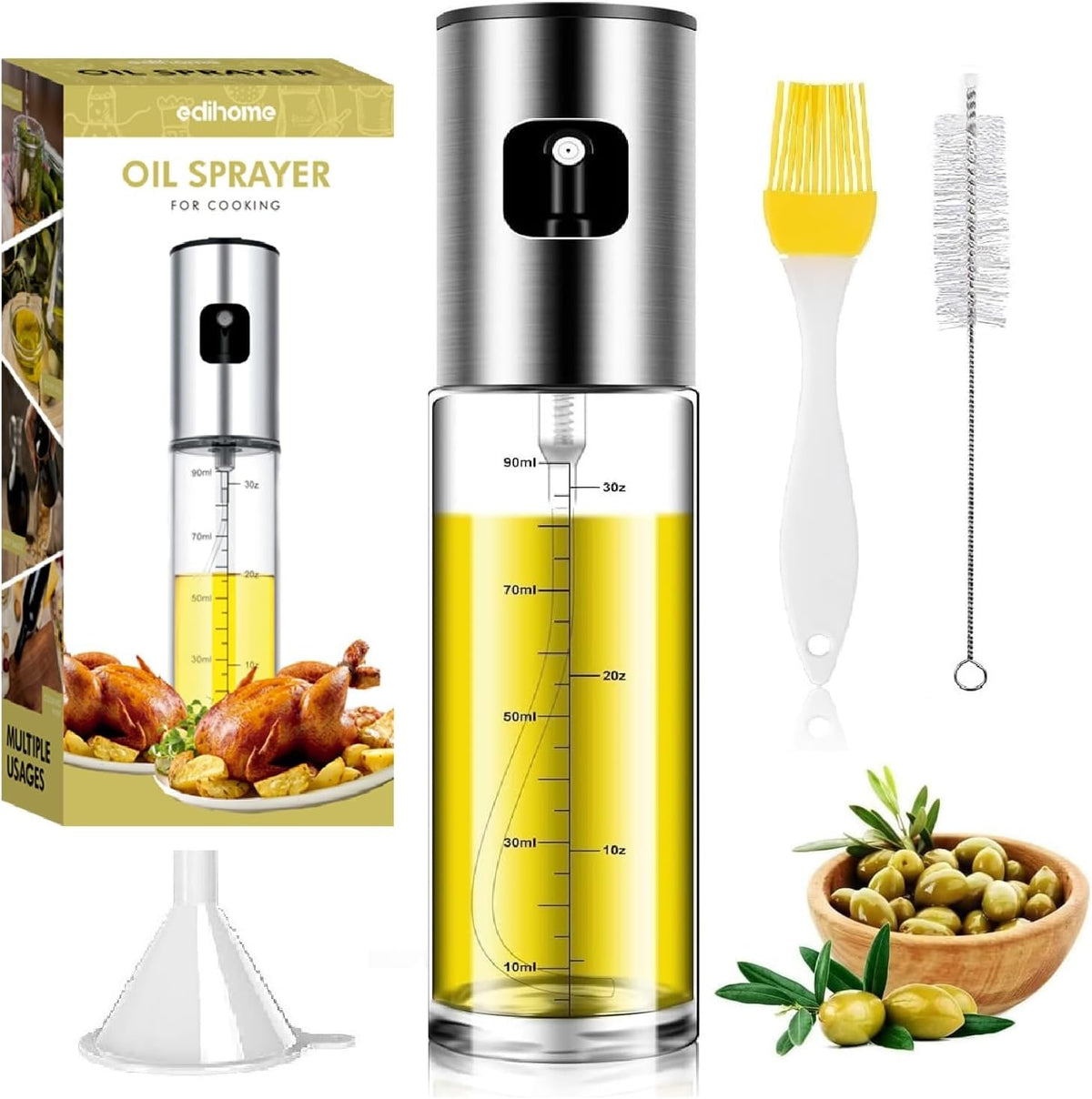edihome, Spruzzino Olio per Friggitrice Aria, Spruzzatore Salvagoccia, 100 ml, Spray Nebulizzatore, Oliera in Vetro e Acciaio Inox