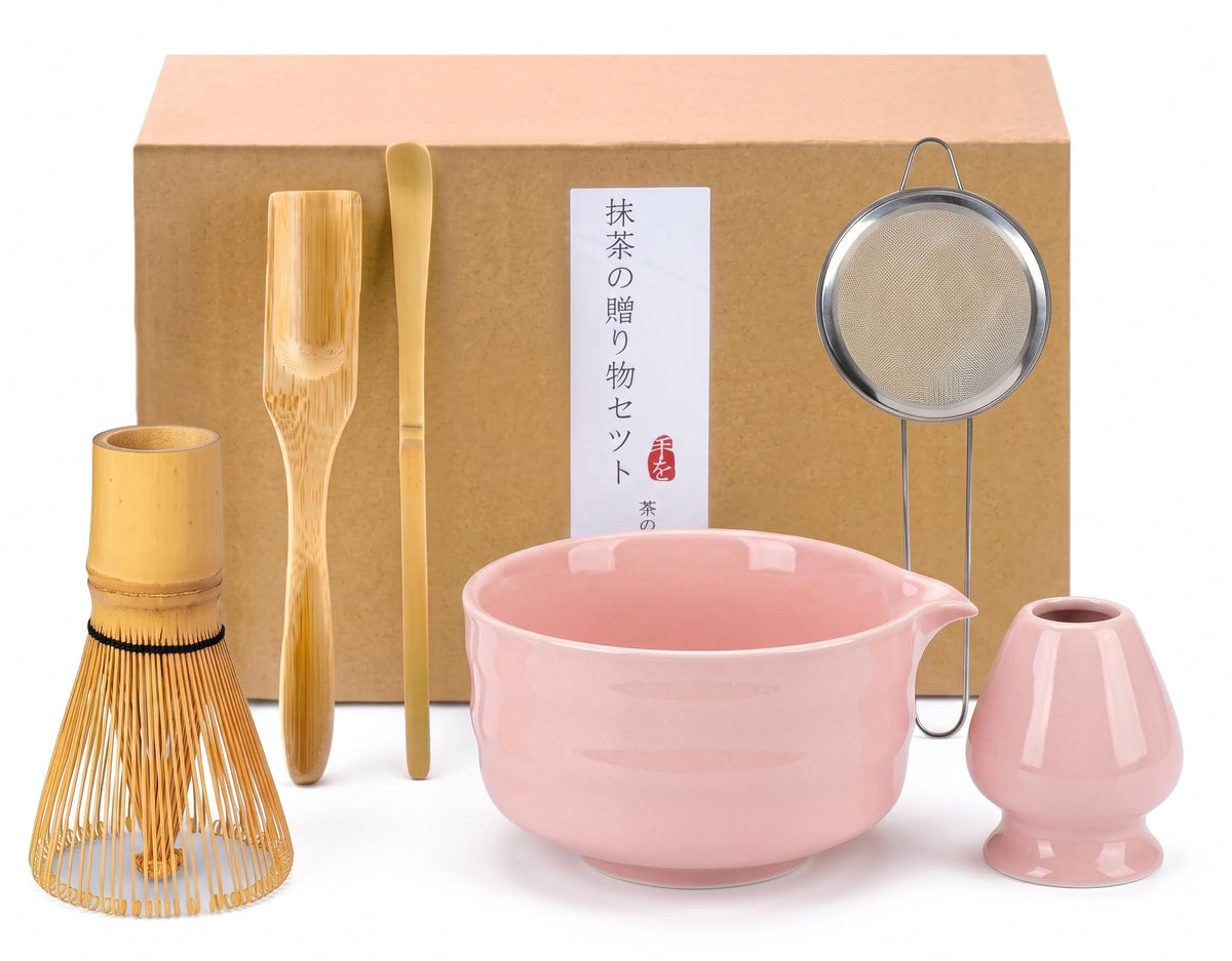 Matcha Kit, Matcha Set of 6 Pieces with Matcha Whisk, Matcha Bowl, Matcha Filter, 2 Spoon and Ceramic Holder, Matcha Set Ideal for Matcha Tea Making (A)