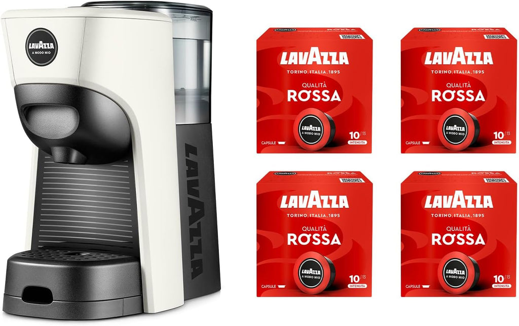 Lavazza, A Modo Mio Macchina per Caffè Tiny Bianca con 64 Capsule Qualità Rossa Incluse, Macchina per Espresso in Plastica Riciclata, 1450 W, 220-240 V, 50/60 Hz, 0.6 Litri
