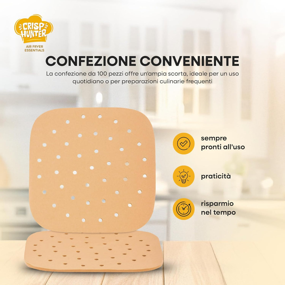 Carta Forno per Friggitrice ad Aria - 100 Pezzi Rotondi Antiaderenti e Senza PFAS - Perfetti per Friggitrice ad Aria 21.5 x 21.5 cm (Fogli)