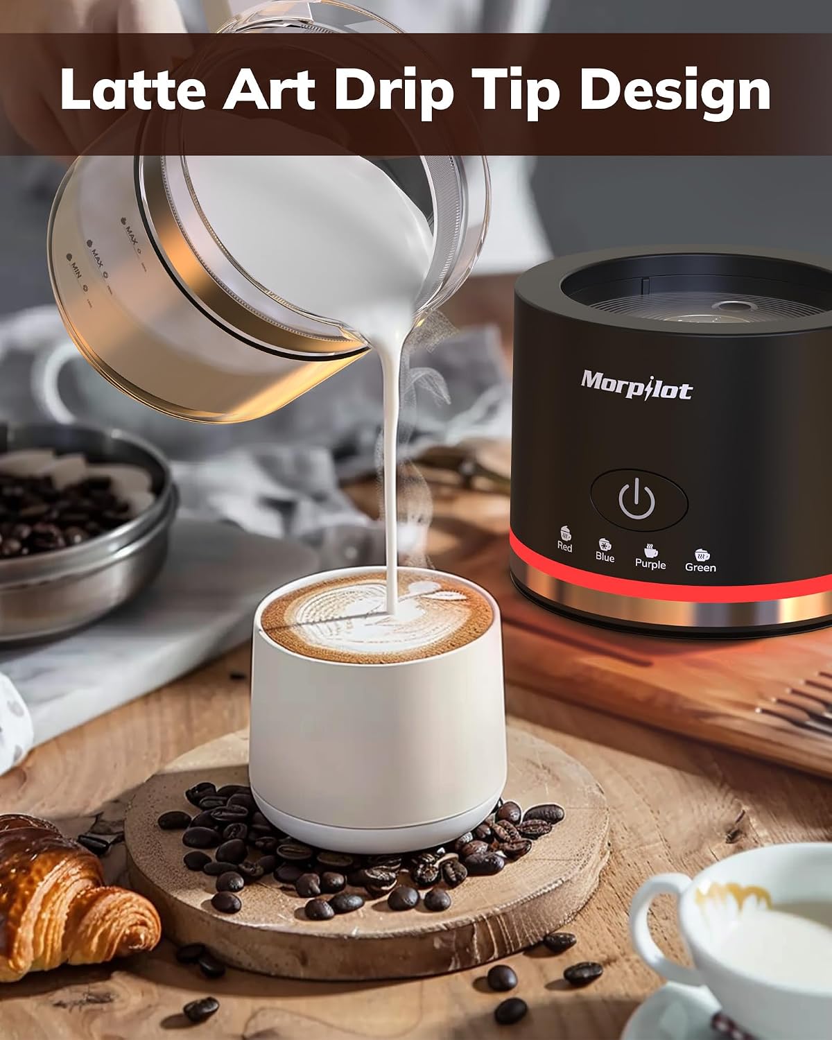 Morpilot Montalatte Elettrico, Milk Frother in Vetro, 4 in 1 Funzione, Bello da Vedere, Capacità 250ml per Schiumare o 500 ml per Riscaldare, Design Diviso, Nero