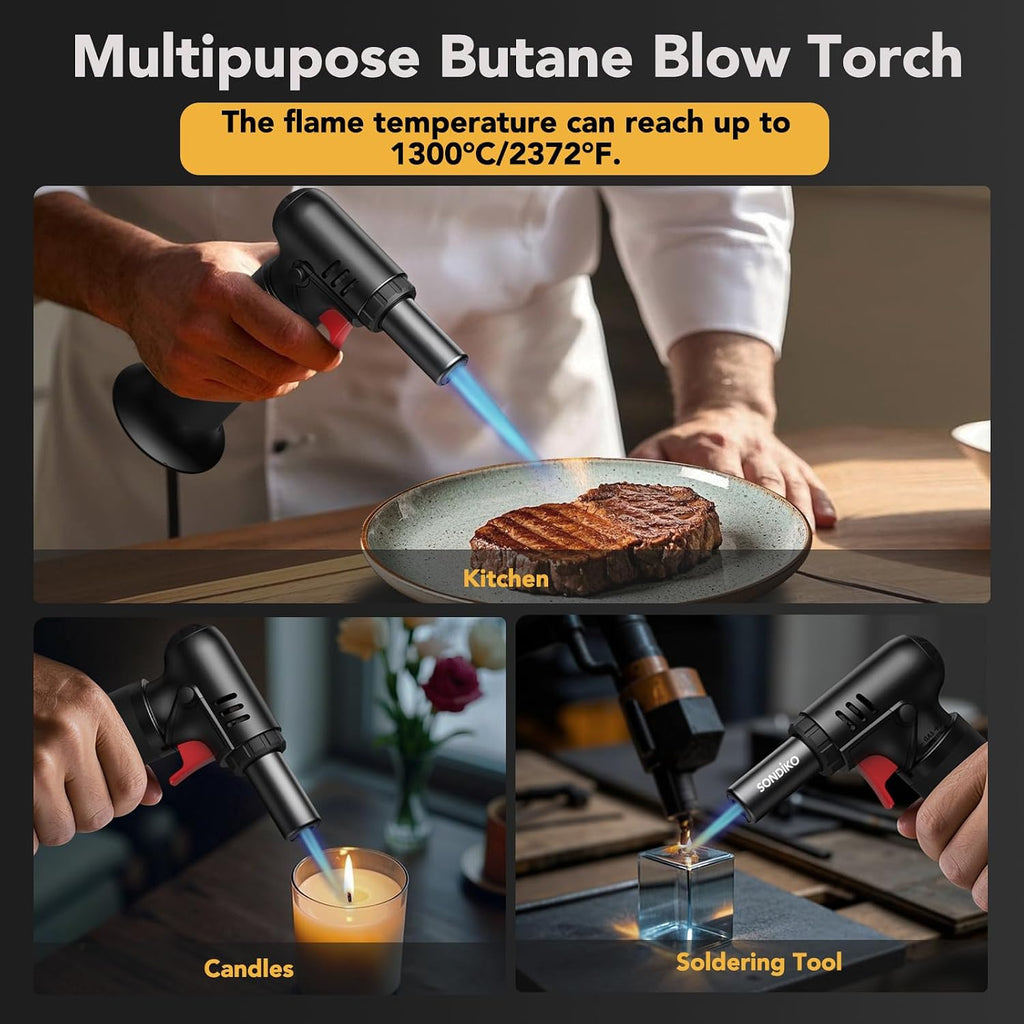 Sondiko Kitchen Torch, Rechargeable Torch with Safety Lock and Adjustable Flame for Crafts, Creme Brulee, Barbecue and Baking, Butane Gas Not Included