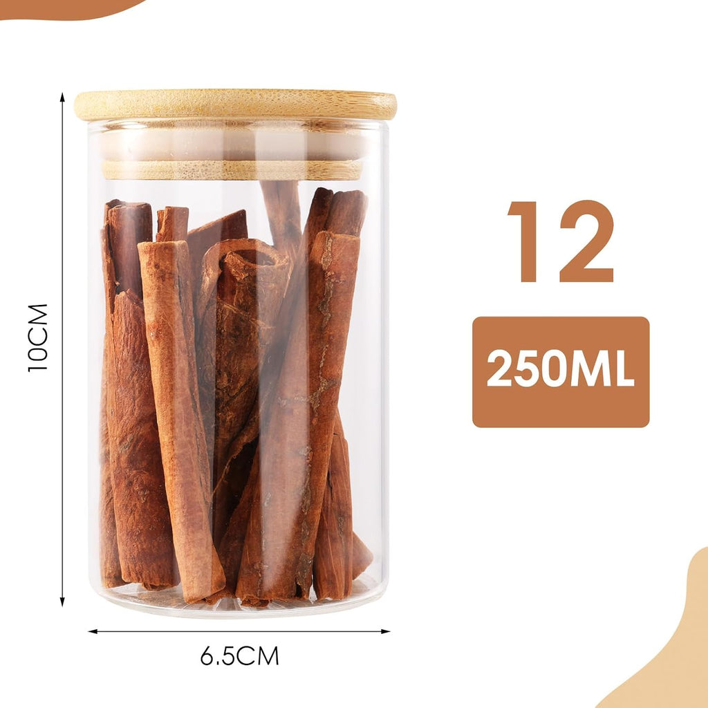 FoiiLiio Set of 12 Spice Jars – 250 ml Spice Jars with Bamboo Lid, Spice Containers for Kitchen, Transparent Spice Jars with Labels – Dishwasher Safe