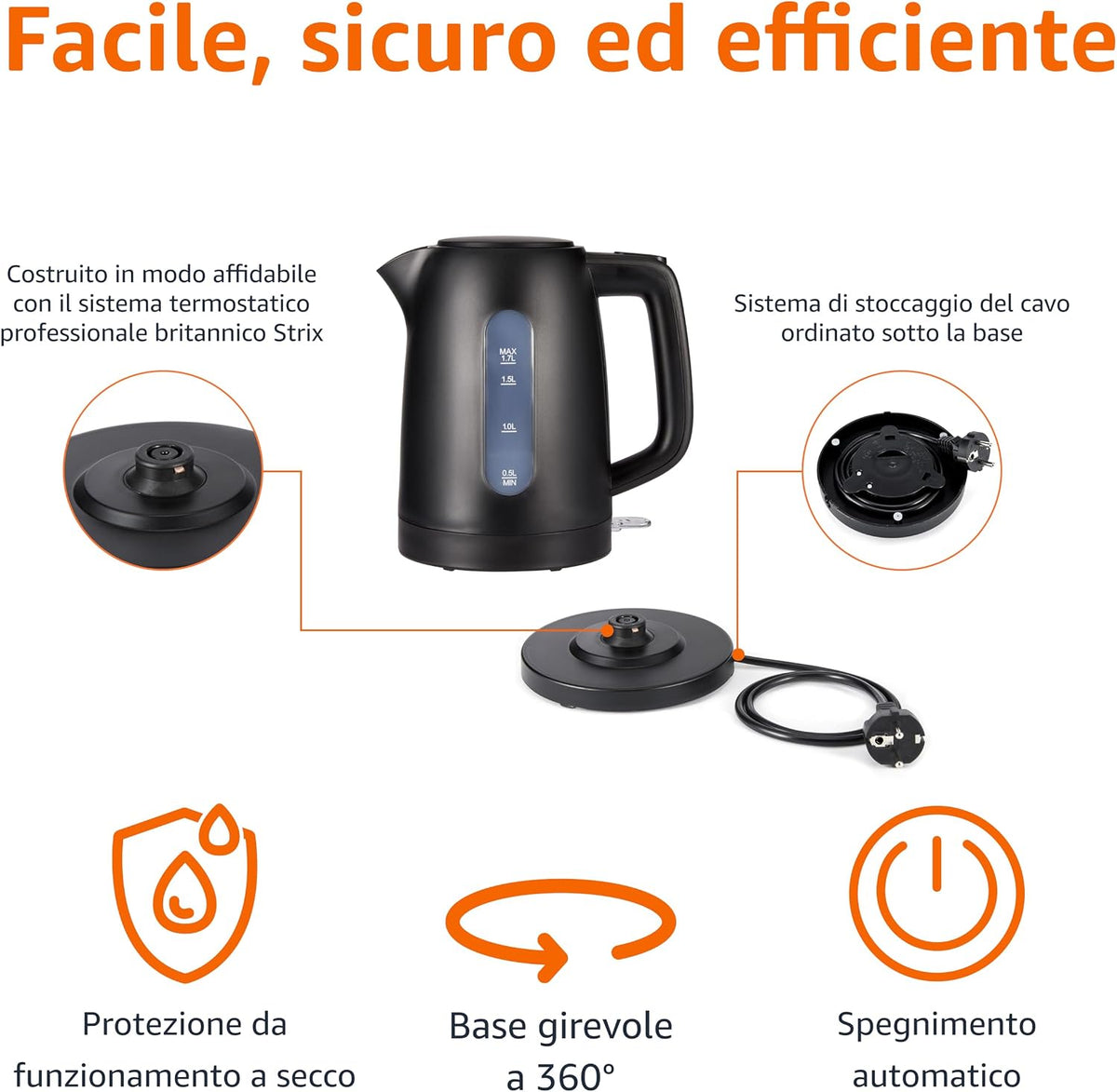 Amazon Basics Electric Kettle, 1.7L, 2200 W, BPA Free with 360° Base, Automatic Shut-off and Removable Anti-Limescale Filter, Matte Black