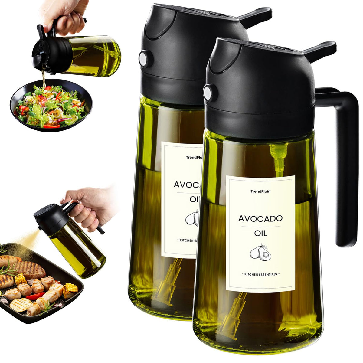 TrendPlain Spruzzino Olio per Friggitrice Aria 470ml, Dosatore Olio 2 in 1, Oliera Spray per Cucina, Insalata e Aceto, Accessori Cucina senza BPA (Nero)