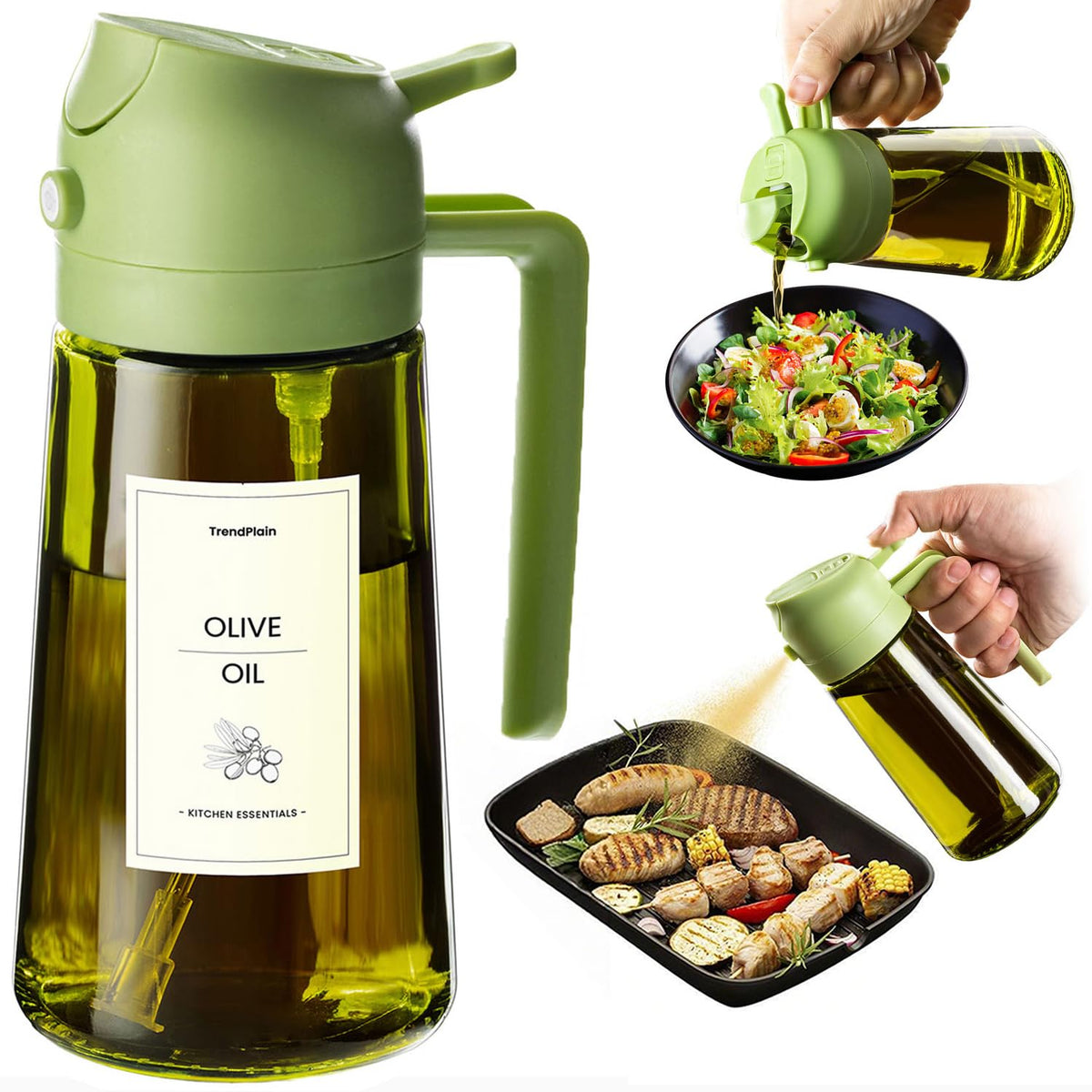 TrendPlain Spruzzino Olio per Friggitrice Aria 470ml, Dosatore Olio 2 in 1, Oliera Spray per Cucina, Insalata e Aceto, Accessori Cucina senza BPA (Nero)