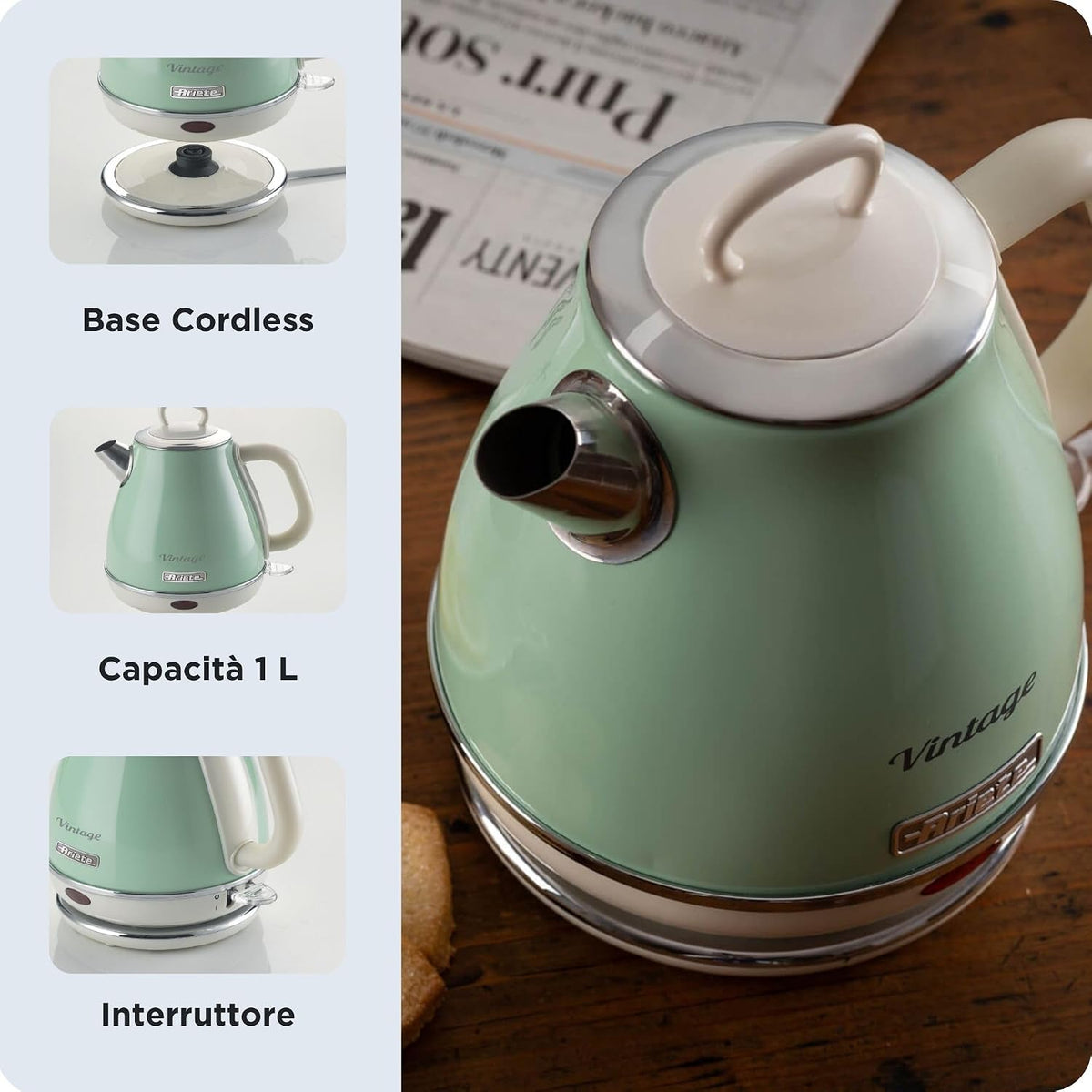 Ariete Vintage 2868 Kettle with Cordless Base 360° Automatic Shut-Off, Capacity 1 L, Stainless Steel, 1600 W, Green