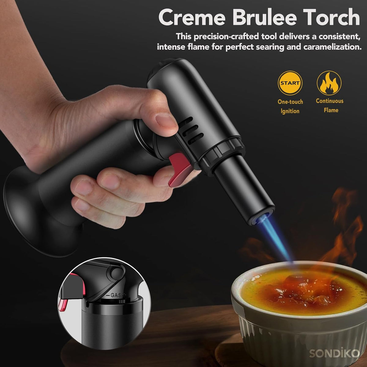 Sondiko Kitchen Torch, Rechargeable Torch with Safety Lock and Adjustable Flame for Crafts, Creme Brulee, Barbecue and Baking, Butane Gas Not Included