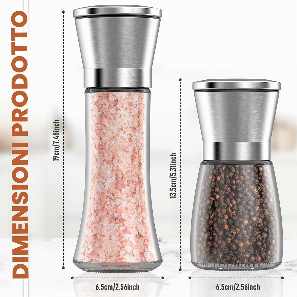 DEPAR Set of 4 Salt and Pepper Mills - High Quality Stainless Steel - High Quality Glass Container - Adjustable Ceramic Salt Grinding Mechanism