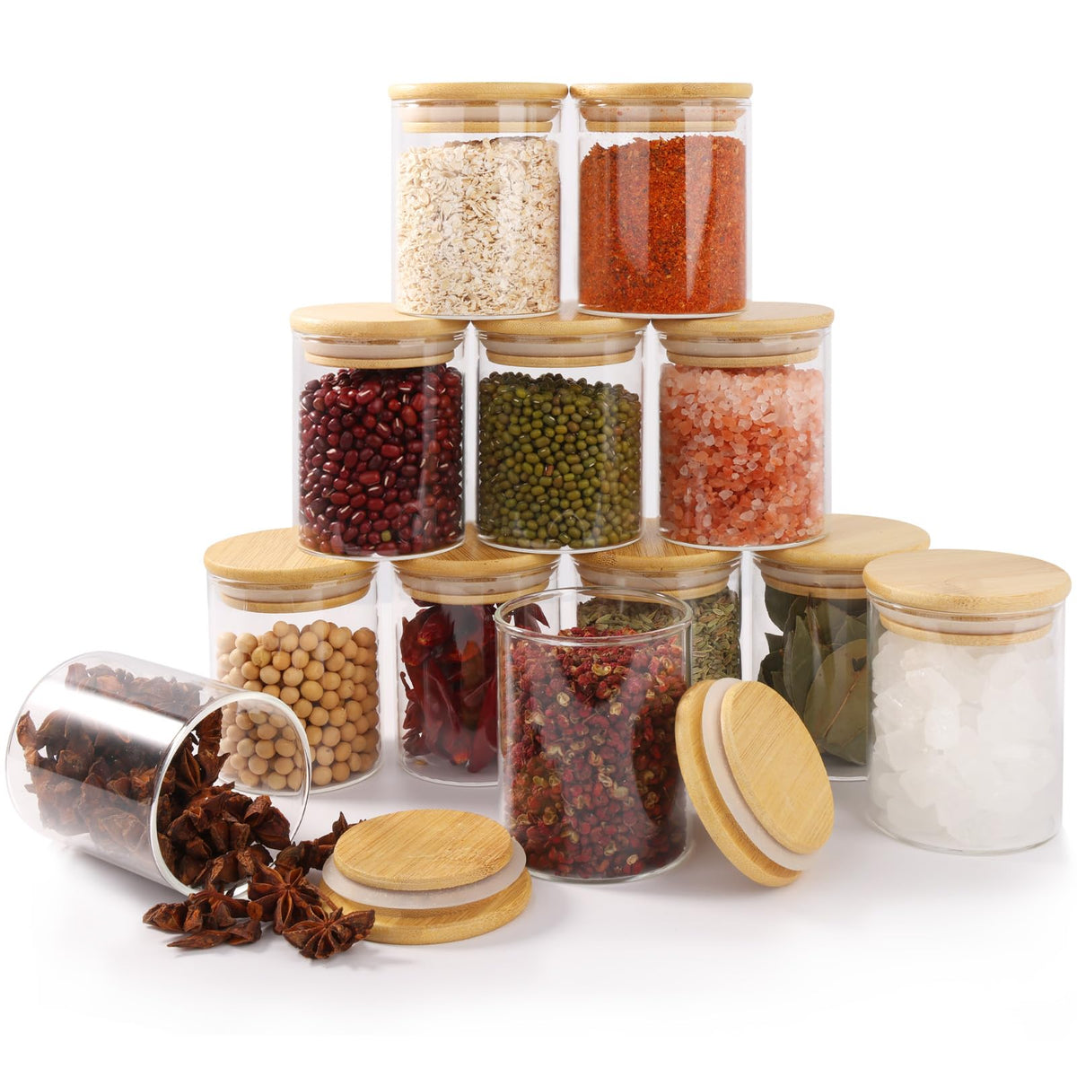 FoiiLiio Set of 12 Spice Jars – 250 ml Spice Jars with Bamboo Lid, Spice Containers for Kitchen, Transparent Spice Jars with Labels – Dishwasher Safe