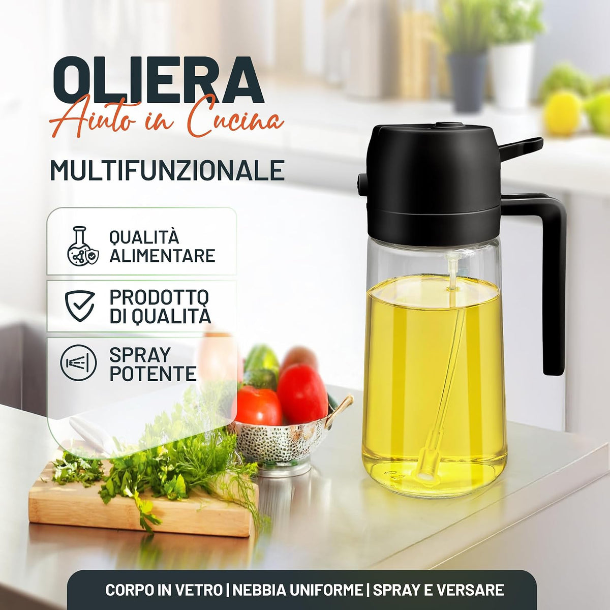 PORTENTUM Spruzzino Olio per Friggitrice Aria 500ml 2 in 1, Dosatore Bottiglia e Oliera Spruzzino olio, Accessori friggitrice ad aria nebulizzatore per Alimenti e Spruzzatore (Nero)