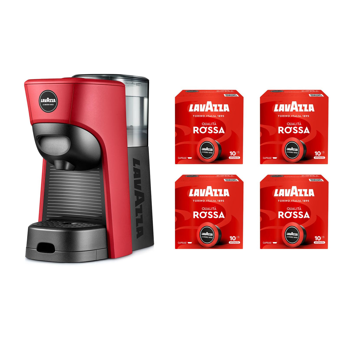 Lavazza, A Modo Mio Macchina per Caffè Tiny Bianca con 64 Capsule Qualità Rossa Incluse, Macchina per Espresso in Plastica Riciclata, 1450 W, 220-240 V, 50/60 Hz, 0.6 Litri