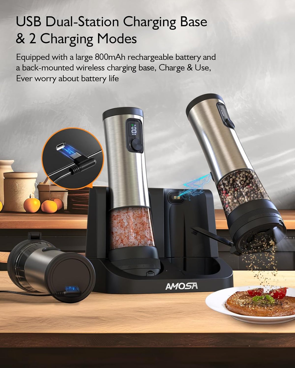 AMOSA Electric Salt and Pepper Mill Set, Battery Display, Rechargeable Base