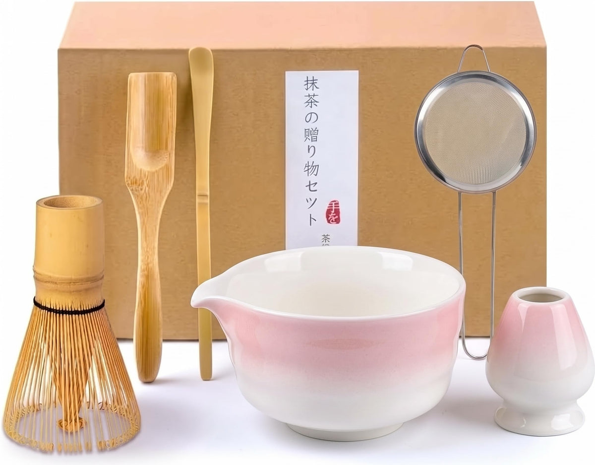 Matcha Kit, Matcha Set of 6 Pieces with Matcha Whisk, Matcha Bowl, Matcha Filter, 2 Spoon and Ceramic Holder, Matcha Set Ideal for Matcha Tea Making (A)