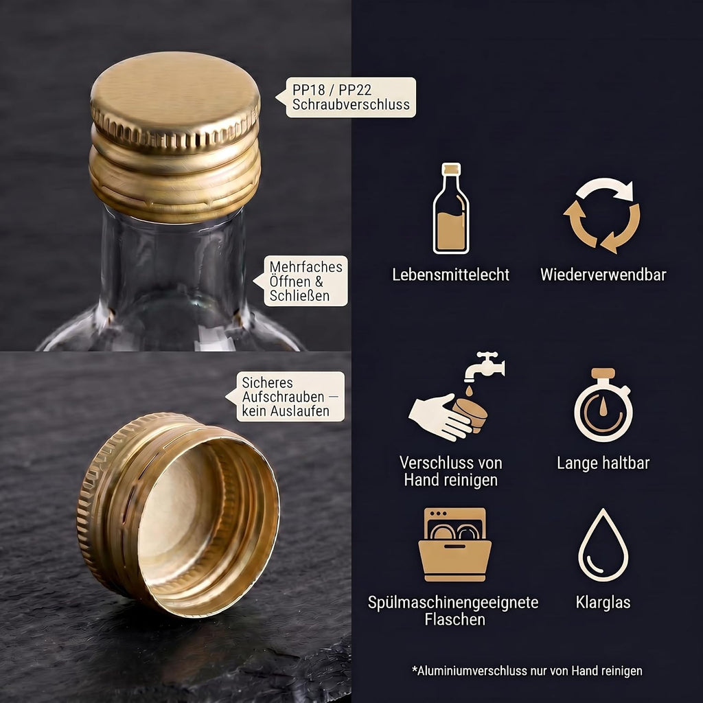gouveo Set of 24 Square Maraska Glass Bottles (0.10L) with Gold Screw Cap PP 24 for Liqueur Syrup Oil Vinegar Portion and Tasting Bottles (MFET100G)