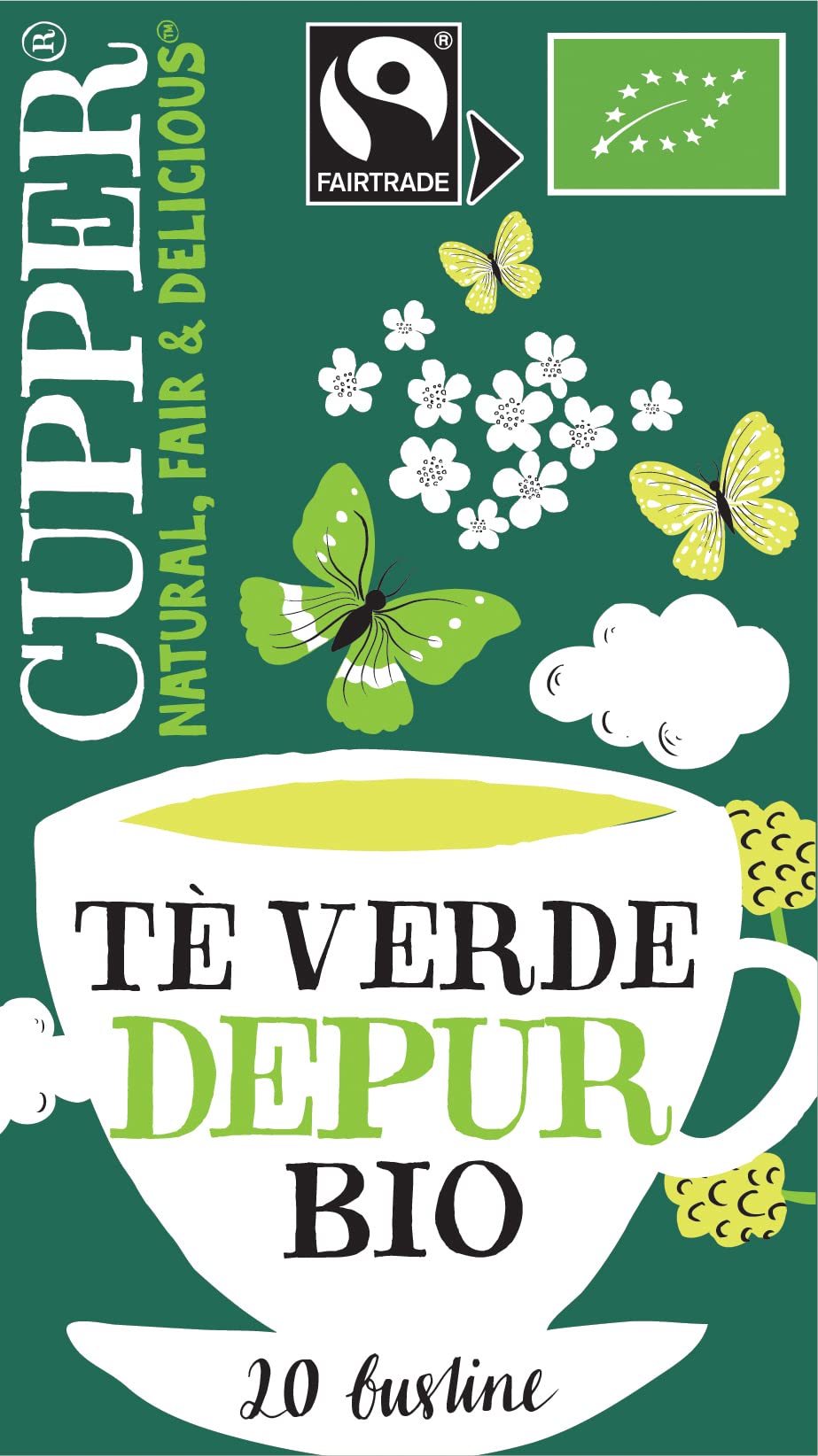 CUPPER Tè Verde Biologico Fairtrade, Gusto Delicato e Raffinato, Tè Verde da Agricoltura Biologica, Filtri 100% Biodegradabili, 4 Confezioni da 20 bustine di tè, Totale 80 bustine