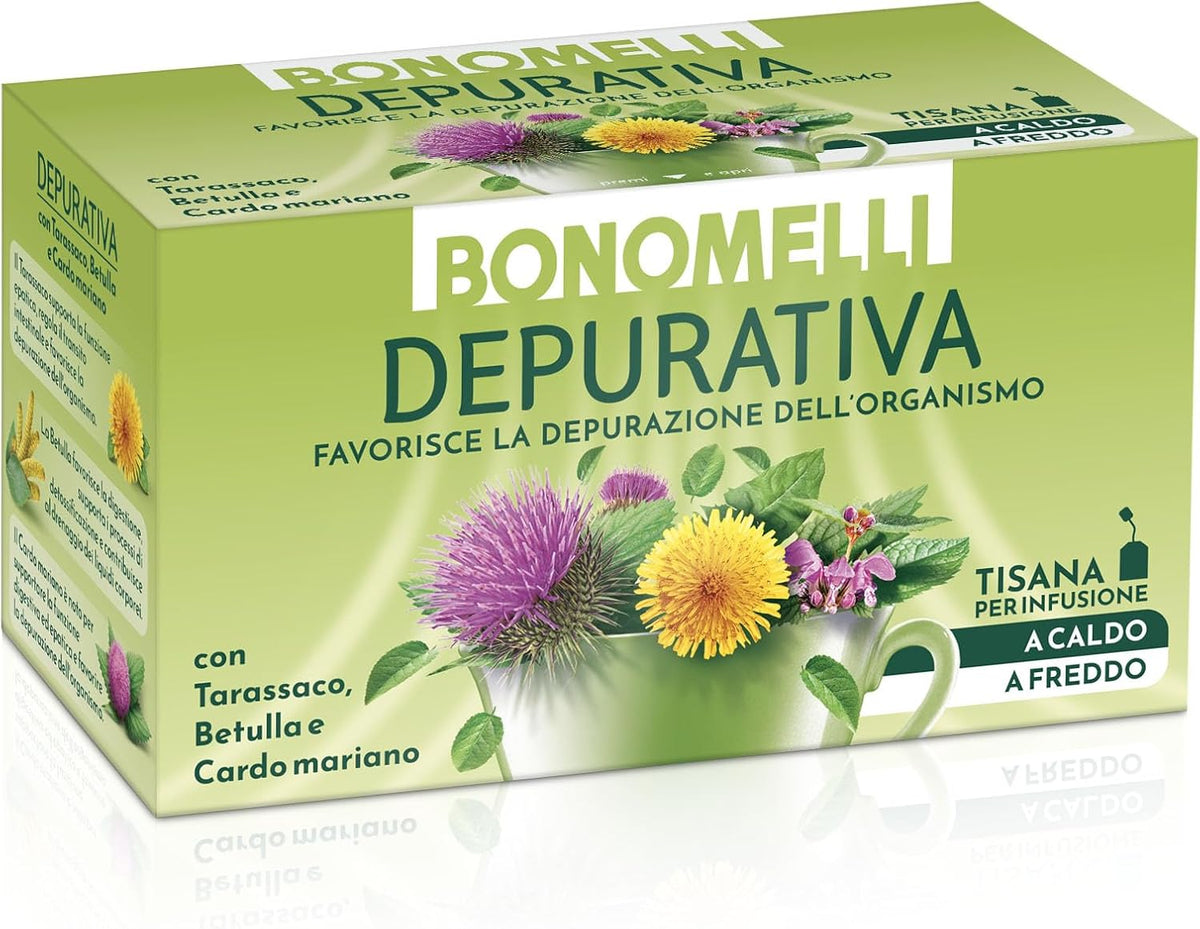 Bonomelli Tisane Funzionali, Depurativa, 16 Filtri, con Cardo Mariano, Sambuco e Tarassaco, Integratore Alimentare, Infusione a Caldo e a Freddo (32g)