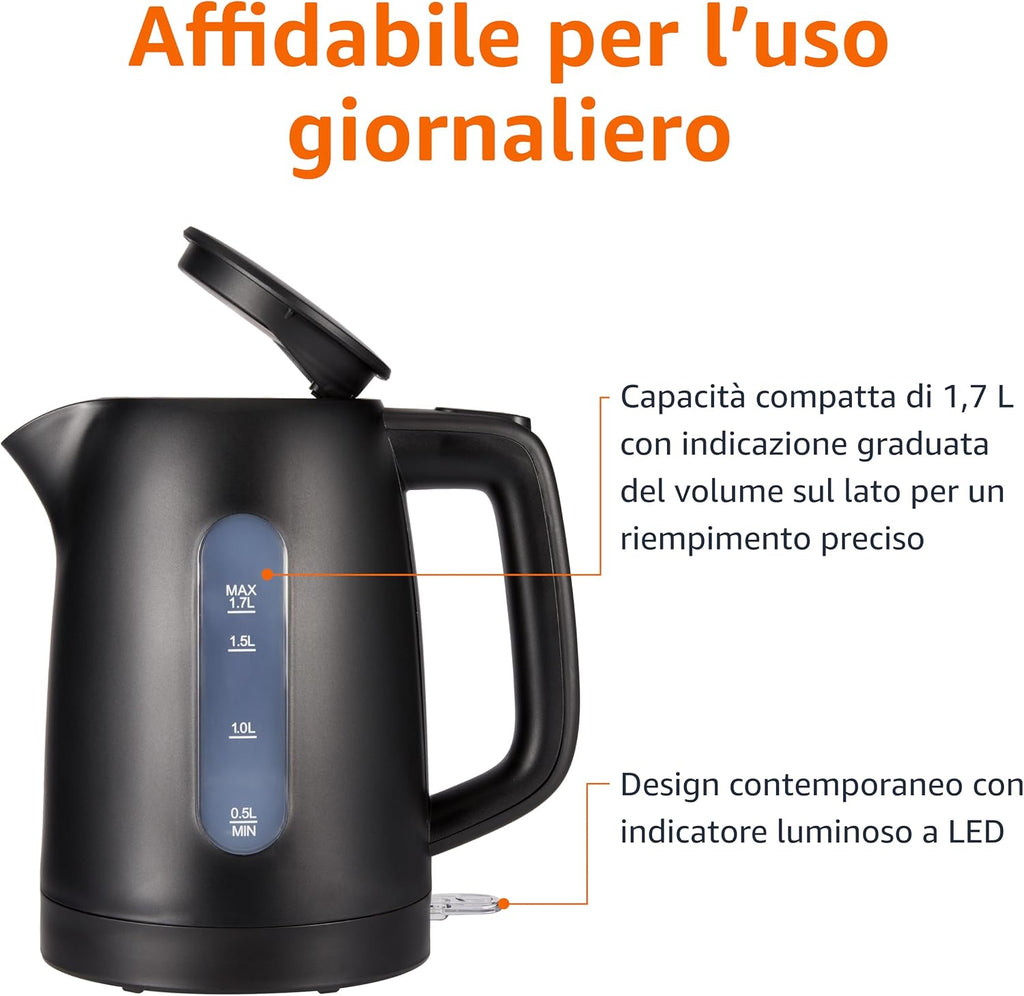 Amazon Basics Electric Kettle, 1.7L, 2200 W, BPA Free with 360° Base, Automatic Shut-off and Removable Anti-Limescale Filter, Matte Black