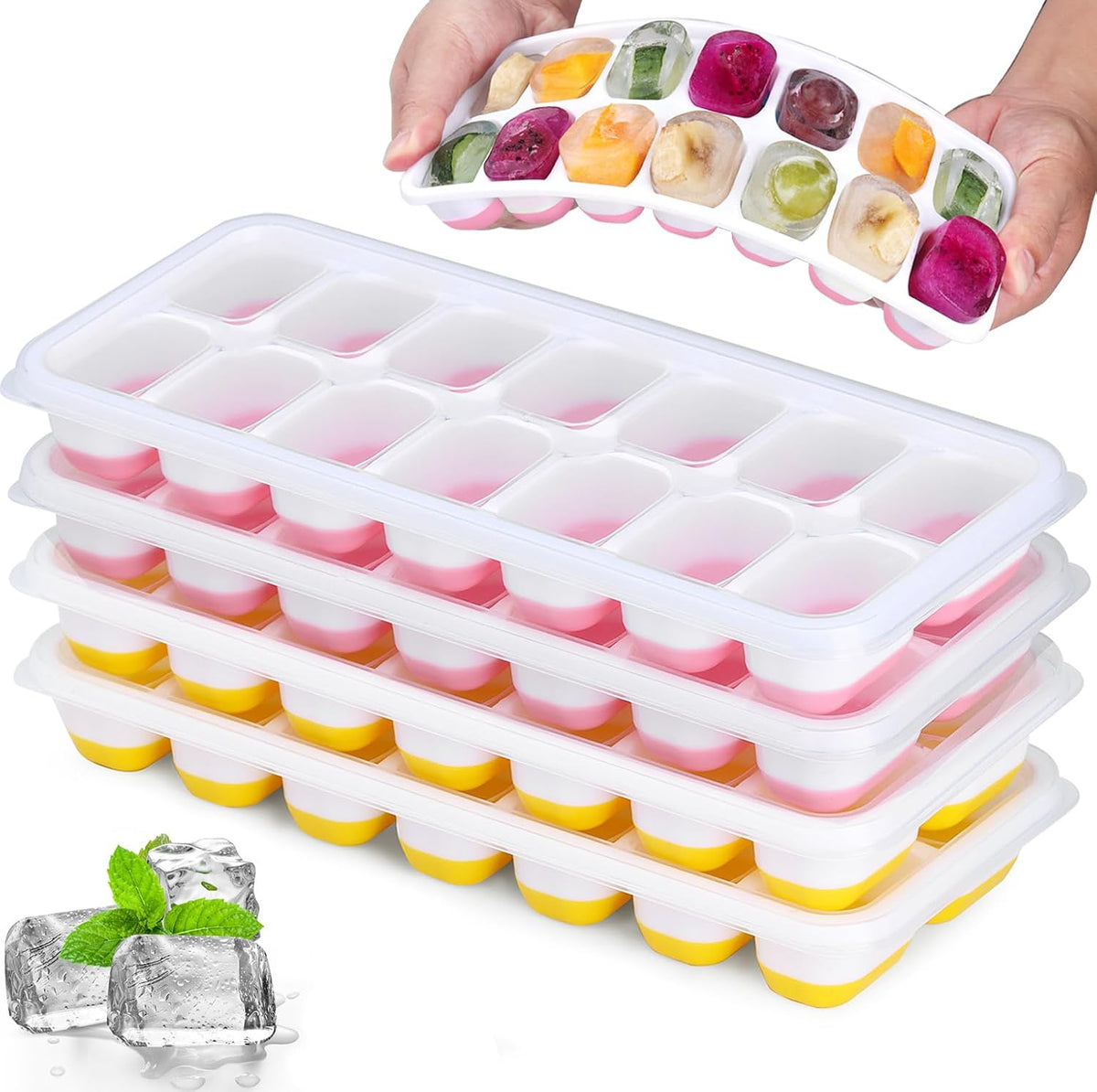 Set of 4 Ice Moulds with Lids, Ice Moulds Silicone 100% BPA Free and LFGB Certified, Stackable Space-Saving Trays Ice Cubes for Cocktail Whiskey
