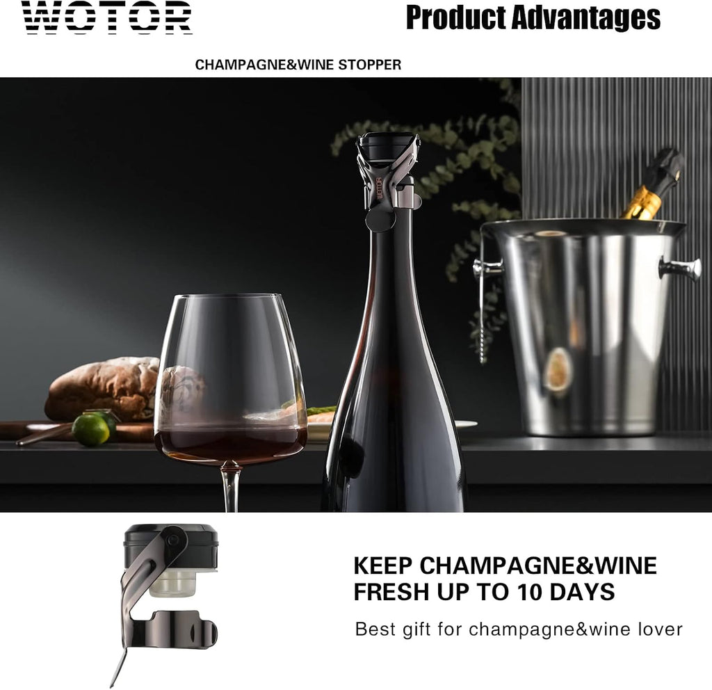 WOTOR Sparkling Wine Stopper, Wine Bottle Stoppers, Leak Proof, Keep Fresh, Reusable Wine Accessories, Suitable for Red Wine, Champagne, Prosecco, Sparkling Wine (Black, 2 Pack)