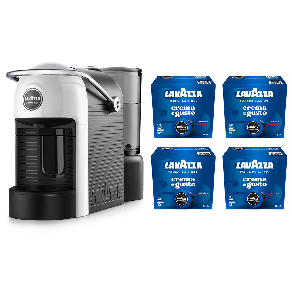 Lavazza A Modo Mio Jolie Evo, Macchina per Caffè Realizzata con 36% di Plastica Riciclata, Macchina Espresso con 64 Capsule Lavazza A Modo Mio Crema e Gusto Classico Incluse, Nera