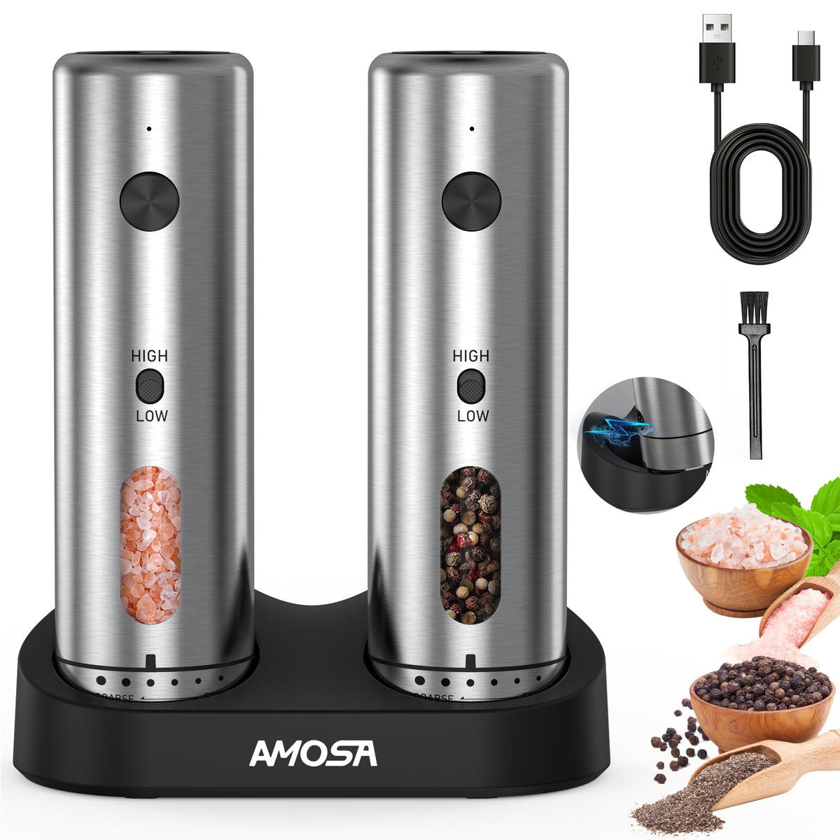 AMOSA Electric Salt and Pepper Mill Set, Battery Display, Rechargeable Base