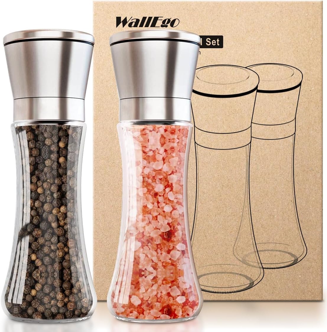 Set 2 Macina Sale e Pepe Manuale, Macinino per Pepe e Spezie in Acciaio Inox e Vetro con Nucleo in Ceramica Regolabile, Macinapepe per Cucina e Tavola