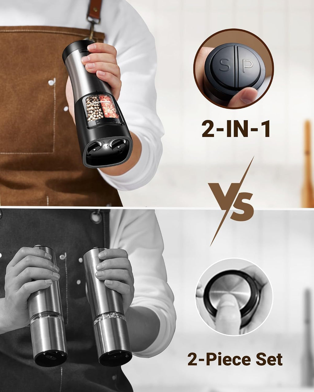 Sangcon USB Rechargeable 2 in 1 Electric Salt and Pepper Grinder, Automatic One-Hand Operation, LED Light, Adjustable Ceramic Grinders (Metal Metallic)
