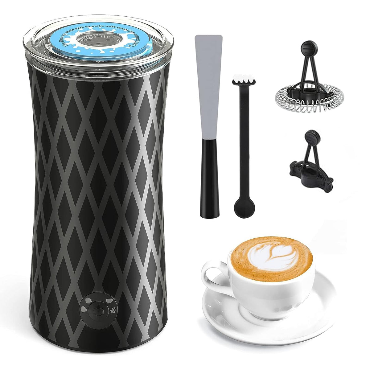 Morpilot Montalatte Elettrico, Milk Frother in Vetro, 4 in 1 Funzione, Bello da Vedere, Capacità 250ml per Schiumare o 500 ml per Riscaldare, Design Diviso, Nero