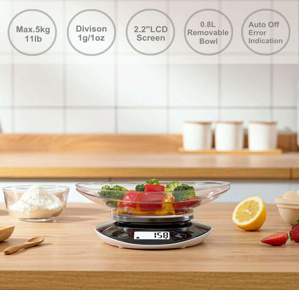 Bilancia Da Cucina Digitale con ciotola da 0,8L, 5kg/11 b, Nera