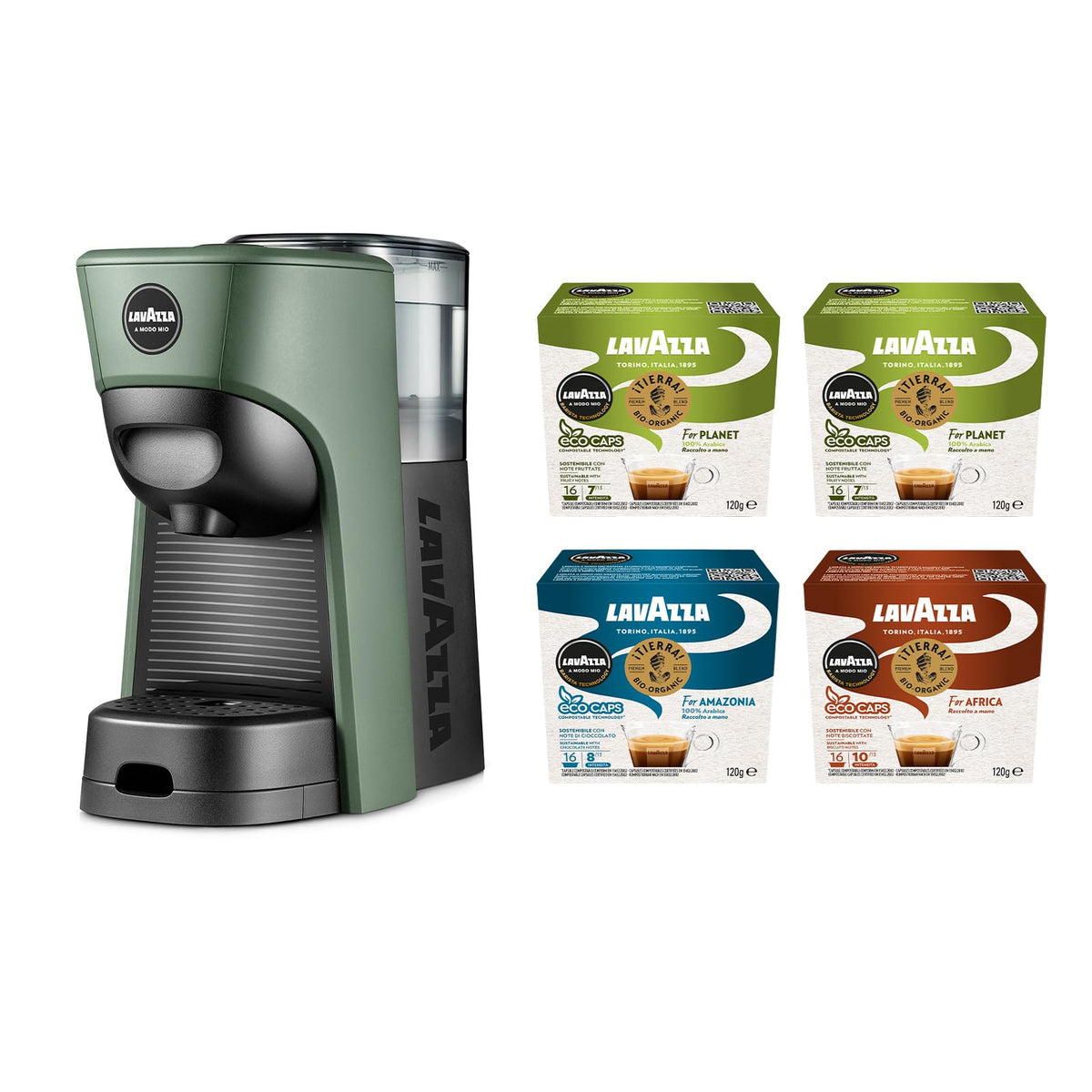 Lavazza, A Modo Mio Macchina per Caffè Tiny Bianca con 64 Capsule Qualità Rossa Incluse, Macchina per Espresso in Plastica Riciclata, 1450 W, 220-240 V, 50/60 Hz, 0.6 Litri