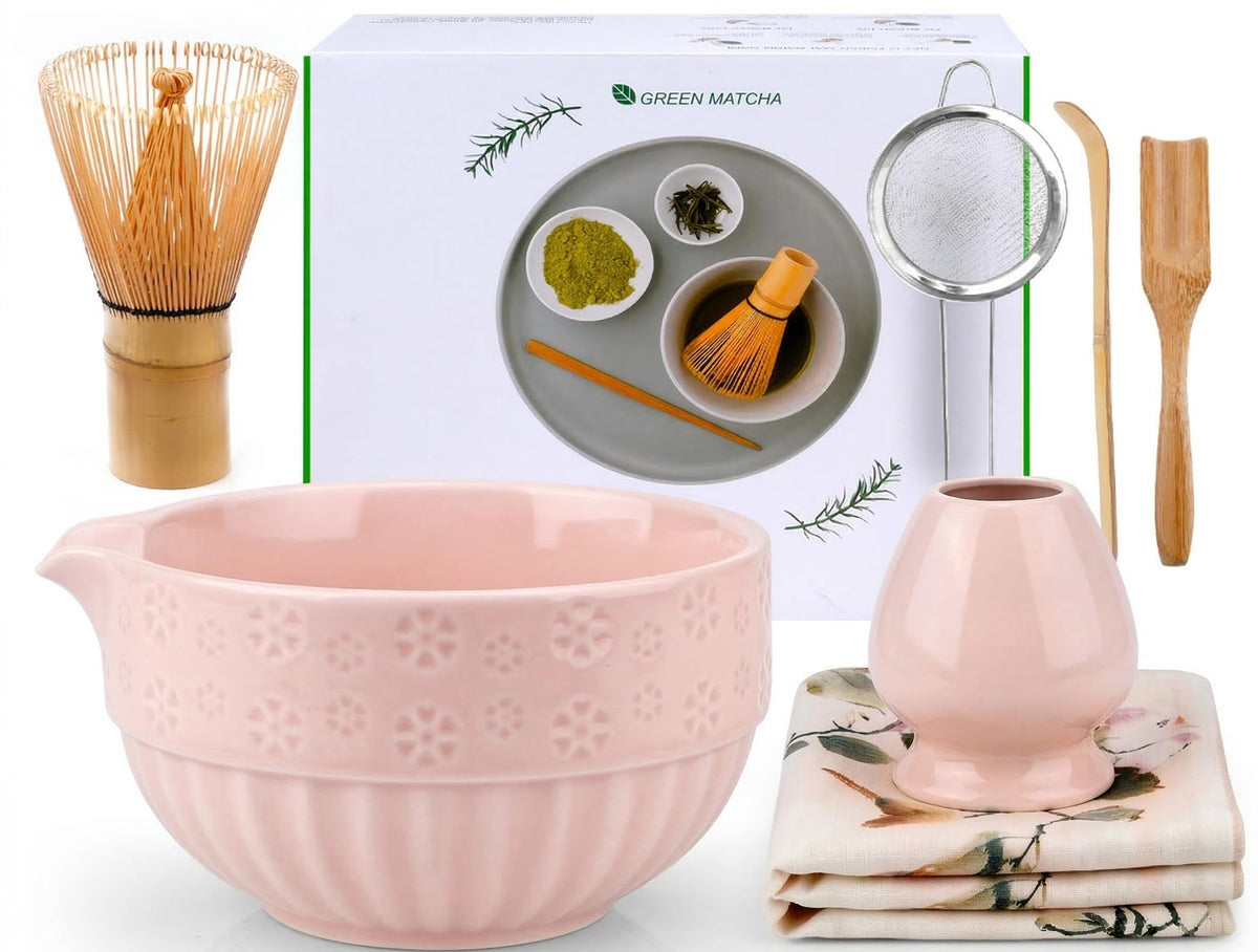 Matcha Kit, Matcha Set of 6 Pieces with Matcha Whisk, Matcha Bowl, Matcha Filter, 2 Spoon and Ceramic Holder, Matcha Set Ideal for Matcha Tea Making (A)