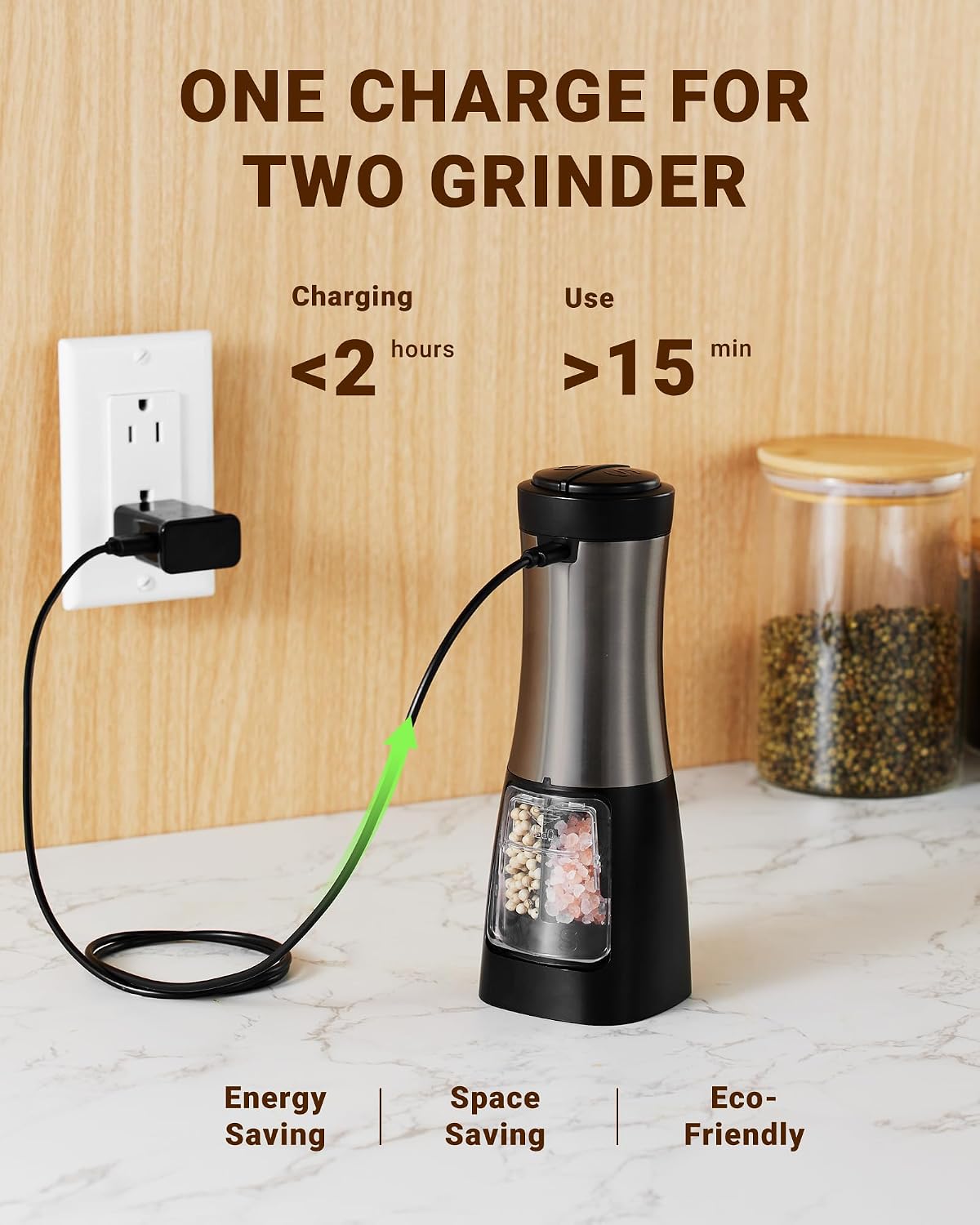 Sangcon USB Rechargeable 2 in 1 Electric Salt and Pepper Grinder, Automatic One-Hand Operation, LED Light, Adjustable Ceramic Grinders (Metal Metallic)