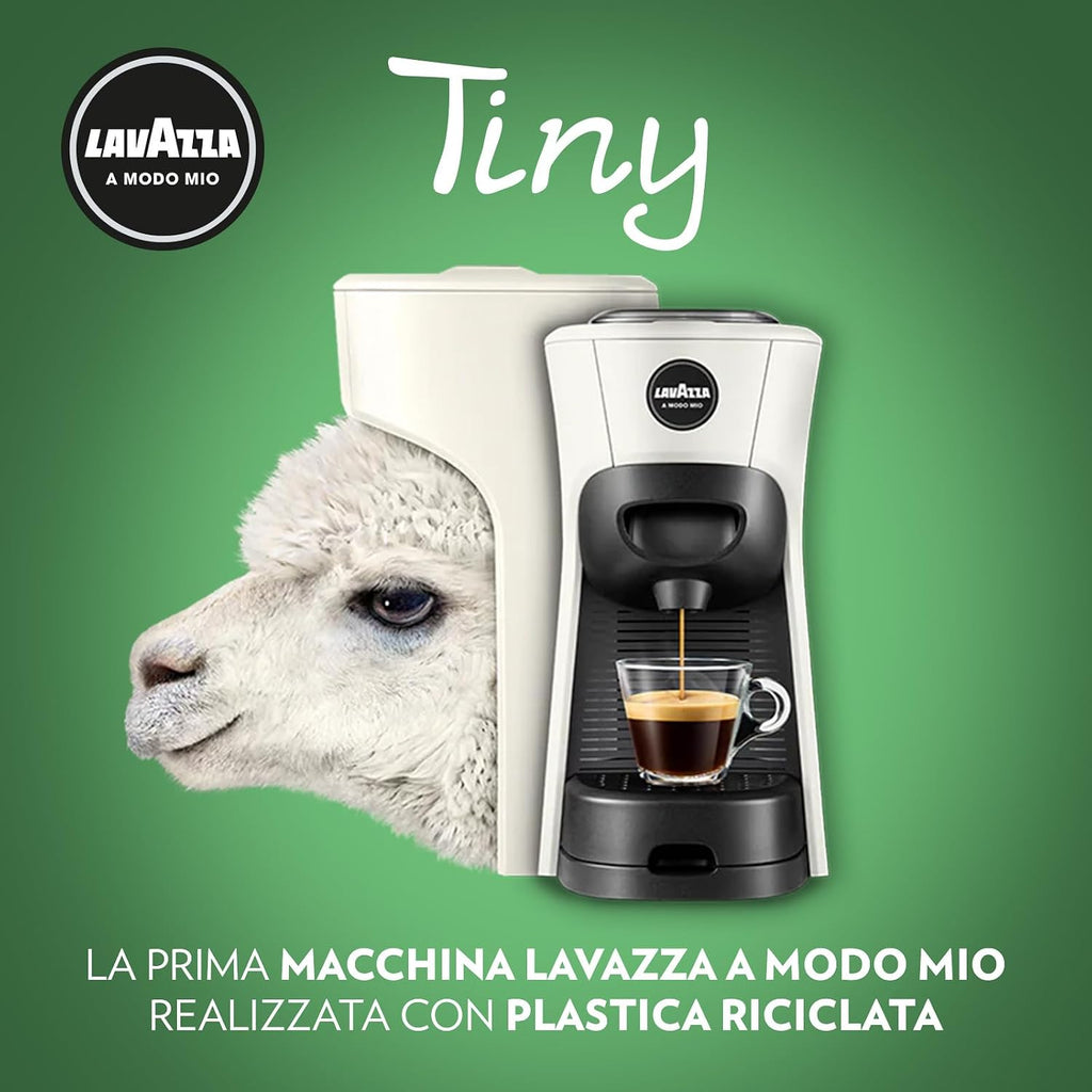 Lavazza, A Modo Mio Macchina per Caffè Tiny Bianca con 64 Capsule Qualità Rossa Incluse, Macchina per Espresso in Plastica Riciclata, 1450 W, 220-240 V, 50/60 Hz, 0.6 Litri