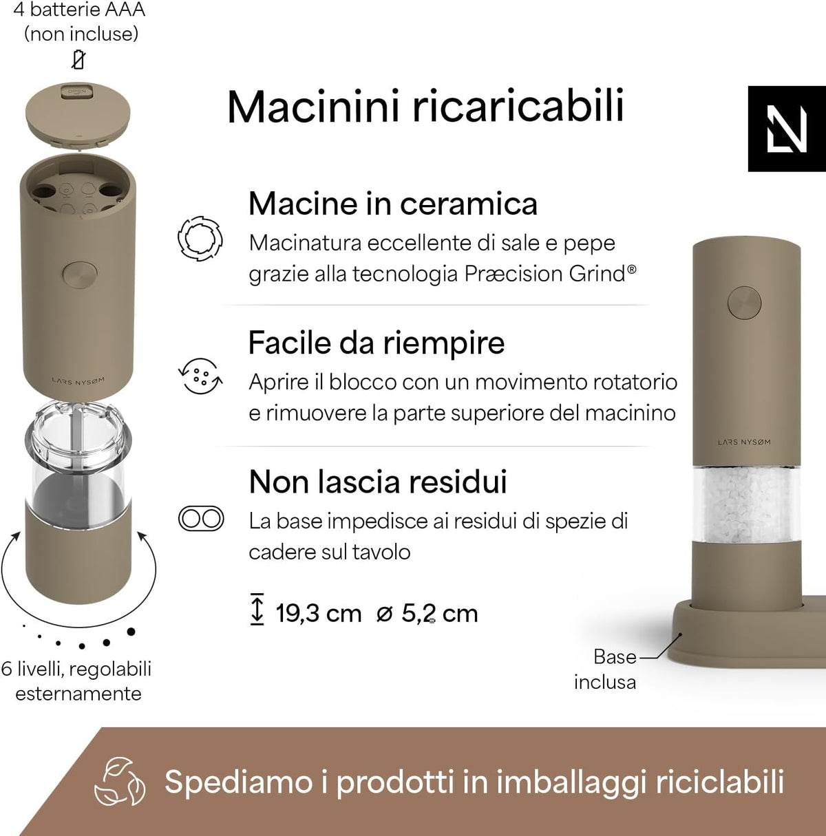 LARS NYSØM Electric Salt and Pepper Mill - Automatic - Salt and Pepper