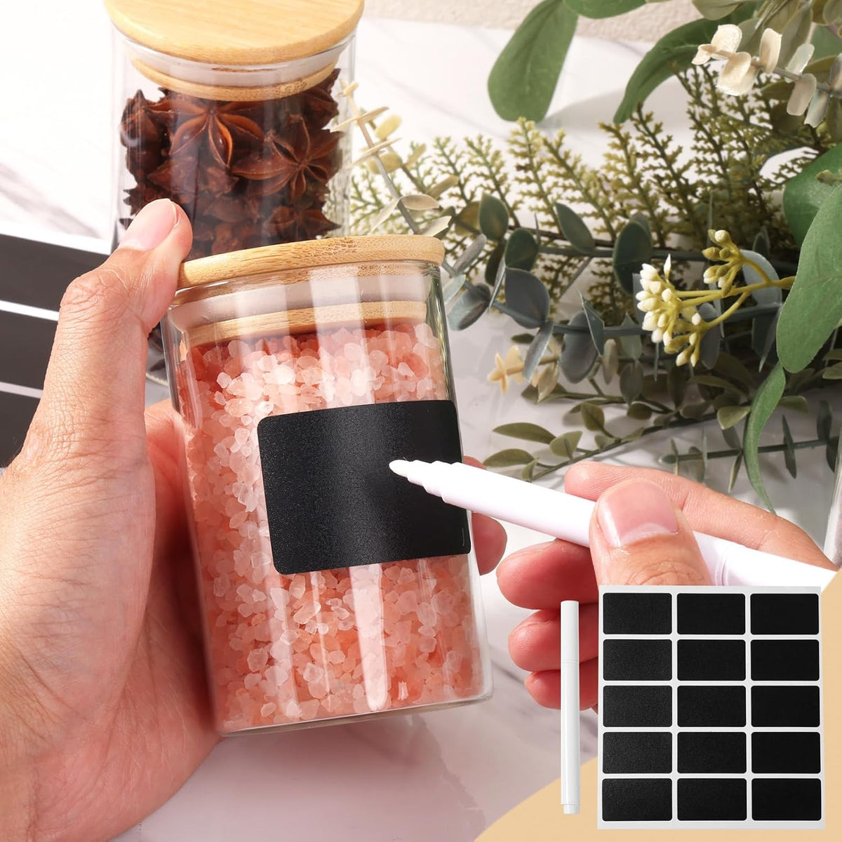 FoiiLiio Set of 12 Spice Jars – 250 ml Spice Jars with Bamboo Lid, Spice Containers for Kitchen, Transparent Spice Jars with Labels – Dishwasher Safe