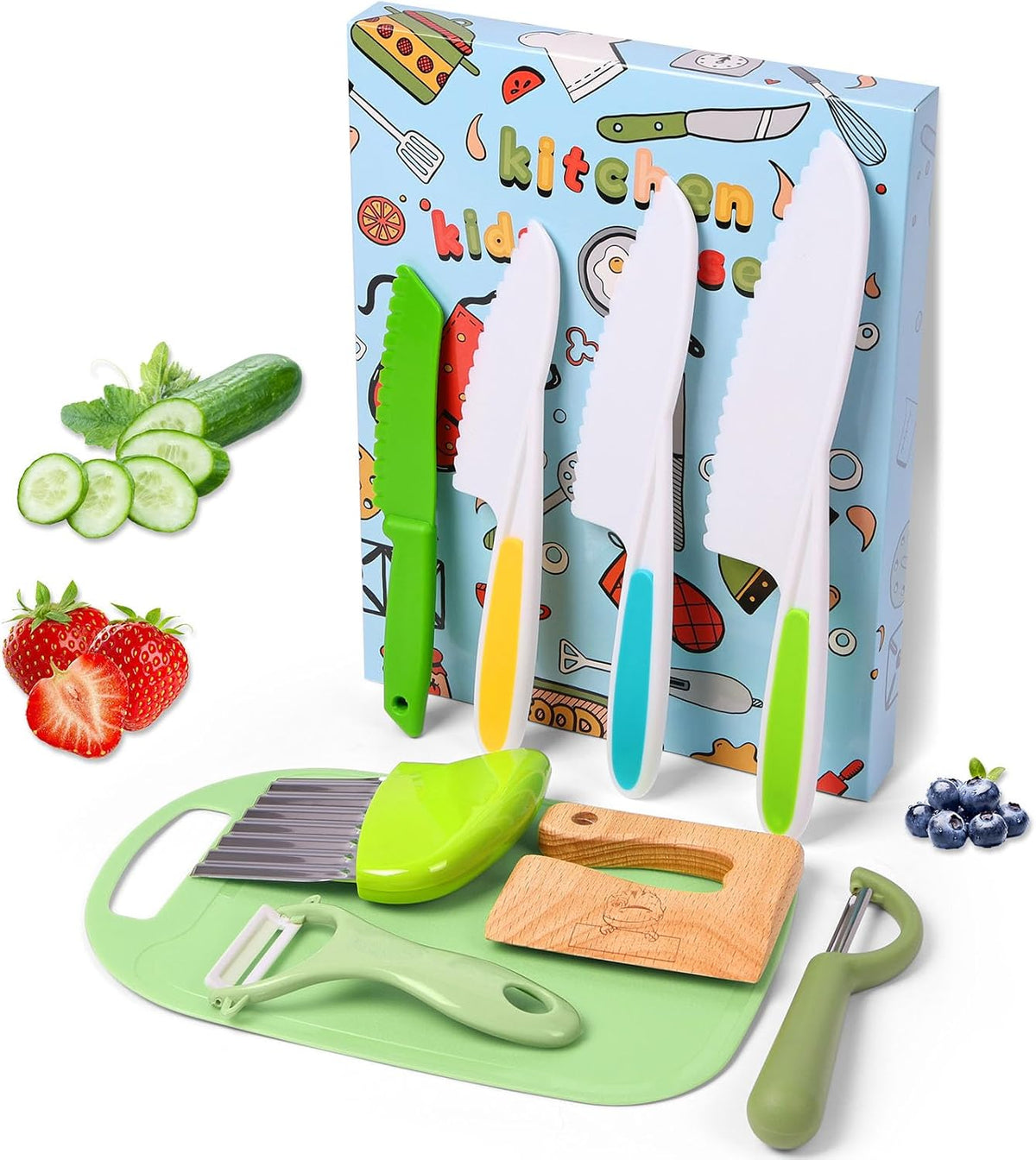 HOTUT 9 Piece Children's Kitchen Knives Set, 4 Pieces Fruit Knife for Children and Wooden Knife, Chopping Board and 2 Pieces Peeler, Potato Knives for Cutting Fruit or Vegetable
