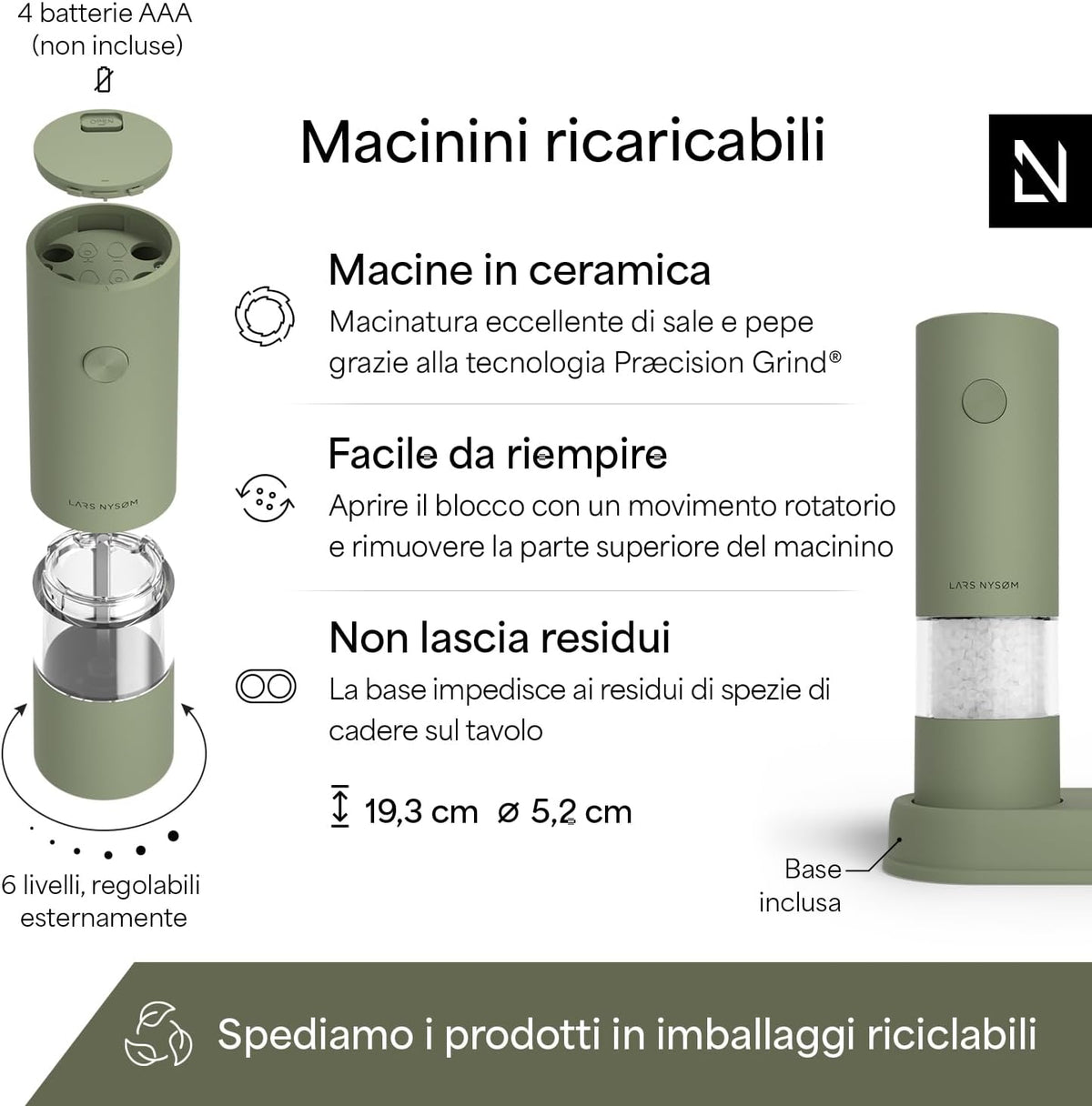 LARS NYSØM Electric Salt and Pepper Mill - Automatic - Salt and Pepper