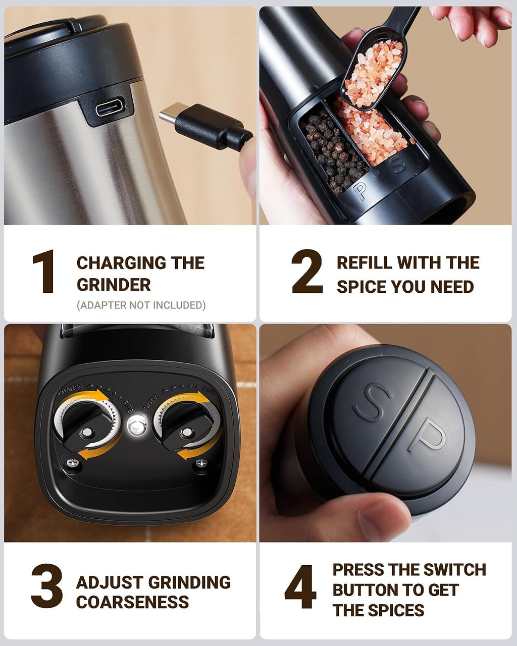 Sangcon USB Rechargeable 2 in 1 Electric Salt and Pepper Grinder, Automatic One-Hand Operation, LED Light, Adjustable Ceramic Grinders (Metal Metallic)