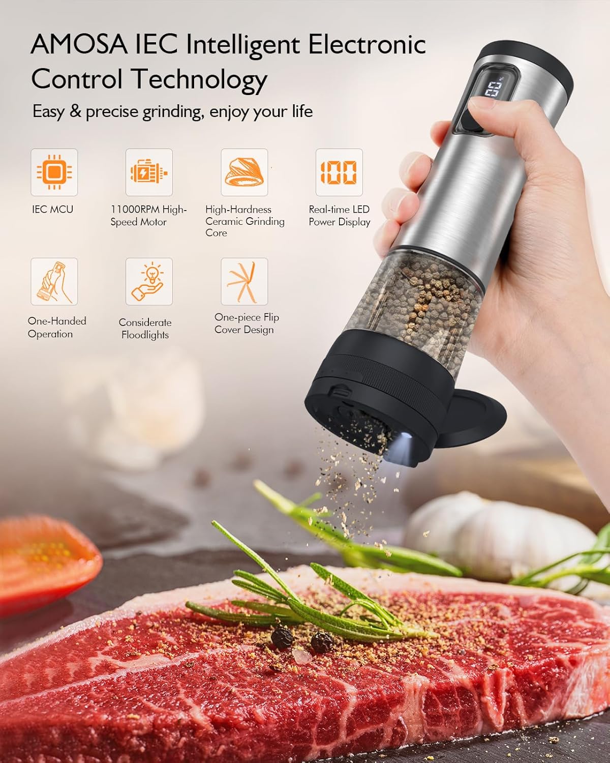 AMOSA Electric Salt and Pepper Mill Set, Battery Display, Rechargeable Base