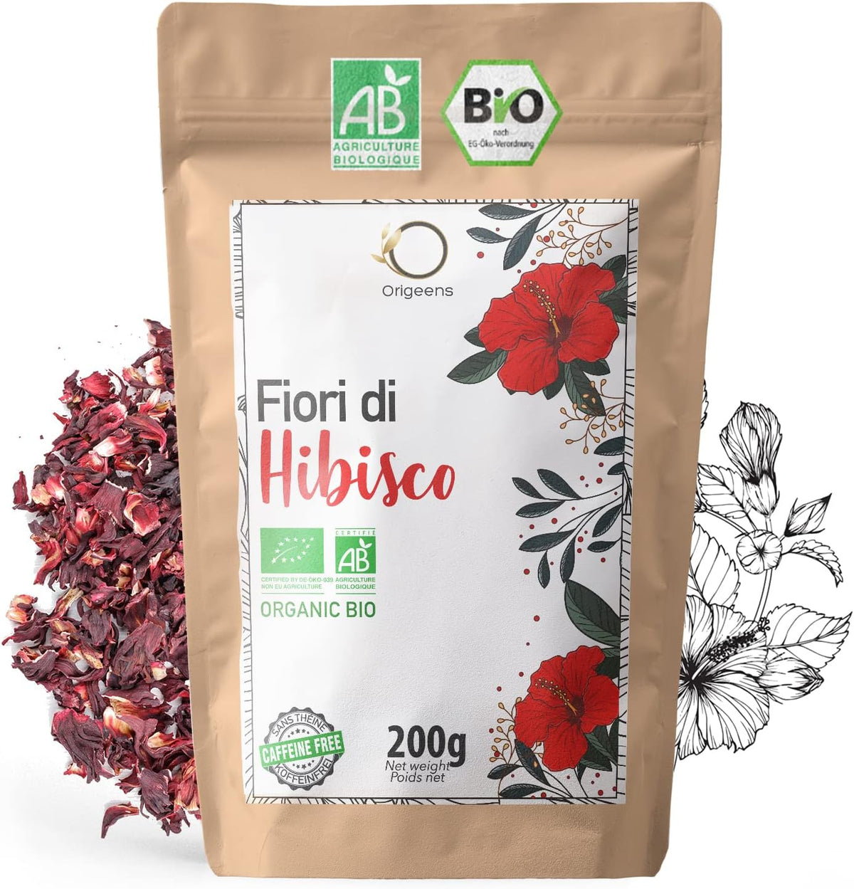 ORIGEENS IBISCO BIO 200g Grado superiore - Fiori di Ibisco per Tisane a Freddo, Karkade Infuso, Infusi Freddi - Tisana Drenante Cura Detox