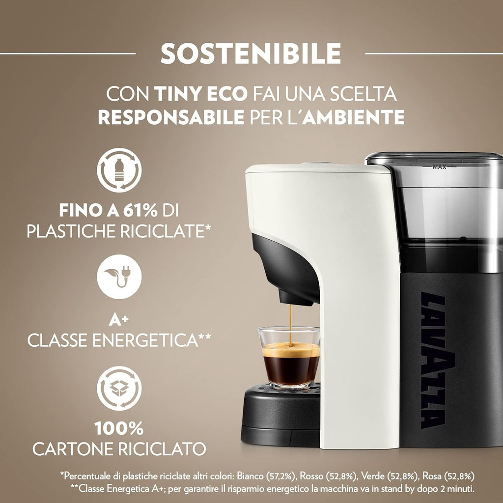 Lavazza, A Modo Mio Macchina per Caffè Tiny Bianca con 64 Capsule Qualità Rossa Incluse, Macchina per Espresso in Plastica Riciclata, 1450 W, 220-240 V, 50/60 Hz, 0.6 Litri