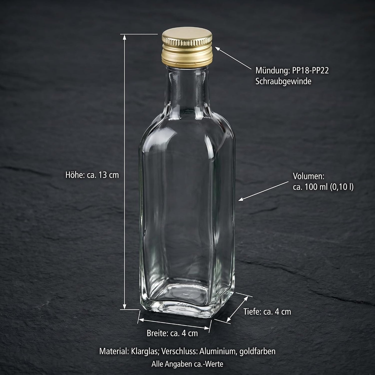 gouveo Set of 24 Square Maraska Glass Bottles (0.10L) with Gold Screw Cap PP 24 for Liqueur Syrup Oil Vinegar Portion and Tasting Bottles (MFET100G)