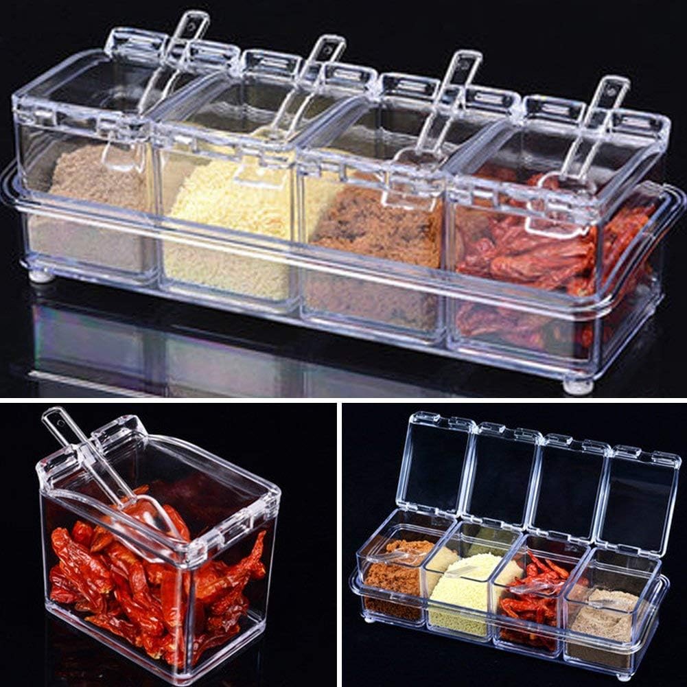 YIQI Clear Condiment Rack Spice Pots - 4 Piece Acrylic Condiment Box - Condiment Container Jars - Ampoule with Cover and Spoon