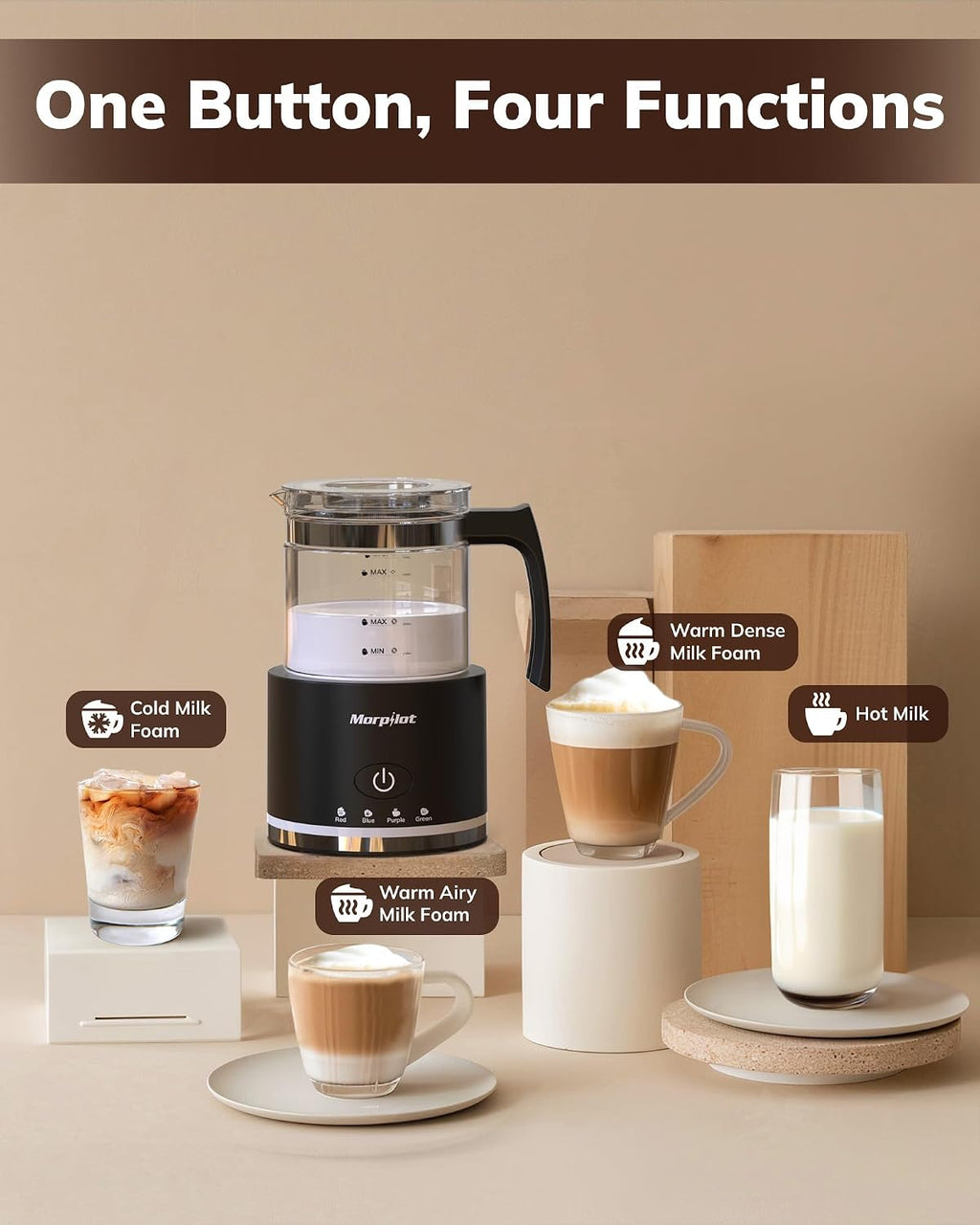 Morpilot Montalatte Elettrico, Milk Frother in Vetro, 4 in 1 Funzione, Bello da Vedere, Capacità 250ml per Schiumare o 500 ml per Riscaldare, Design Diviso, Nero