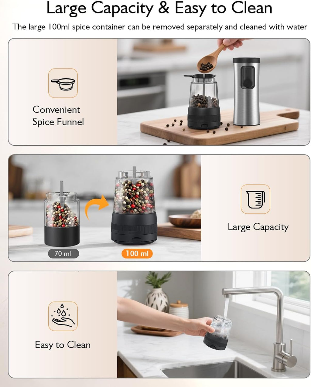 AMOSA Electric Salt and Pepper Mill Set, Battery Display, Rechargeable Base